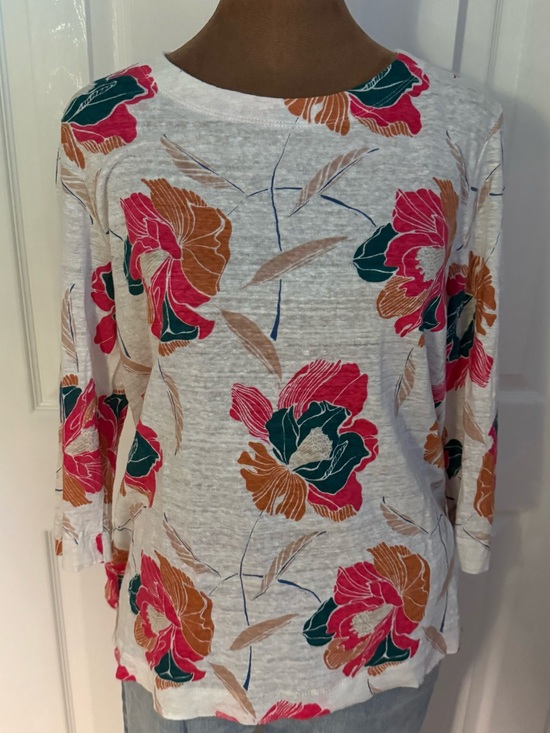 Tahari Tops - Tahari 100% Linen Cream 3/4 Sleeve Floral Tee with Pink, Teal & Mustard Blooms